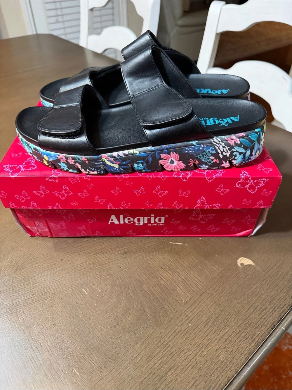 Alegria Kids Black Slide Sandals with Multicolor Floral Platform